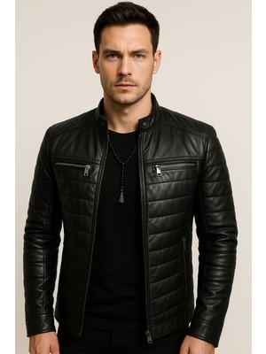 Velzana Hakiki Deri Siyah Erkek Fermuarlı Motosiklet Tarzı Ceket Kalın Normal Yaka Şişme Mont