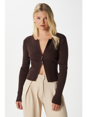 Kadın Verna Viscose Fermuarlı Saran Koyu Kahve Triko Hırka