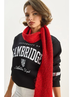 Kadın Bisiklet Yaka Baskılı Üç Iplik Şardonlu Basic Sweatshirt