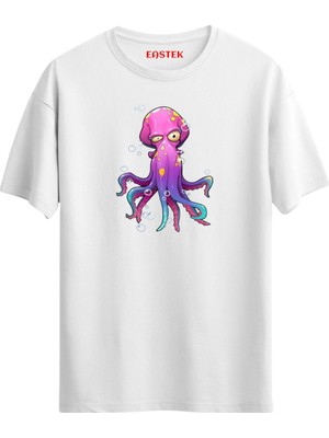 Pembe-Mavi Tonlarda Karikatür Ahtapot T-Shirt, Erkek Tişört, Kadın Tişört, Unisex T-Shirt