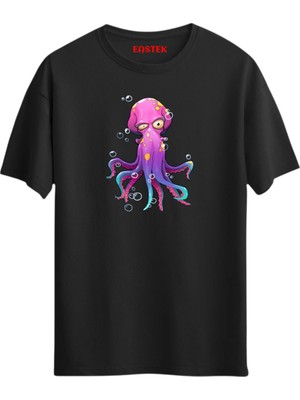 Pembe-Mavi Tonlarda Karikatür Ahtapot T-Shirt, Erkek Tişört, Kadın Tişört, Unisex T-Shirt