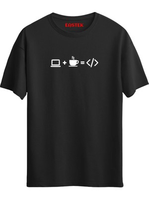 Computer Coffee Code Baskılı T-Shirt