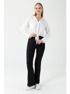 Kadın Çift Cepli Bağlama Detaylı Gömlek Beyaz - 25Y 34142-1