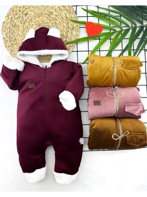 3-6-9-12 Ay Fermuar Kapamalı Kadife Kumaş Içi Tüylü Kız Erkek Bebek Tulumu Bordo
