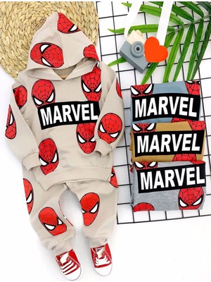 Diji Baby 9-12-18-24 Ay Kapşonlu Örümcek Adam Baskılı Uzun Kollu 3lü Kız Erkek Bebek Takımı