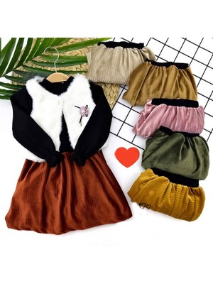 Diji Baby 2-3-4-5 Yaş Kadife Etekli Tüylü Yelek Uzun Kollu Siyah Sweat 3lü Kız Bebek Takımı