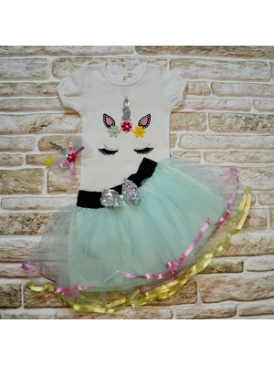 Diji Baby 9-12-18 Ay Payetli Pony Nakışlı Tokalı Kısa Kollu Tütü Etek 3lü Kız Bebek Takımı