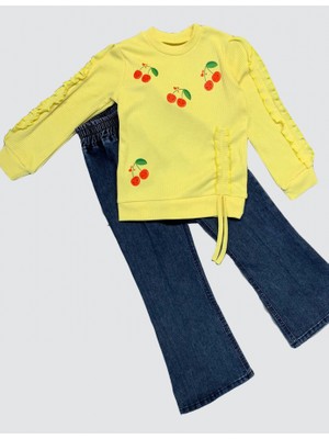 Diji Baby 4-5-6 Yaş Kot Pantolonlu Kiraz Desenli Penye Sweat Uzun Kollu 2li Kız Çocuk Takımı