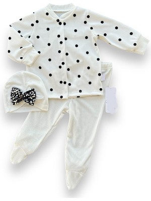 Diji Baby 3-6-9-12 Ay Puantiyeli Şapkalı Çıtçıt Kapamalı Patikli 3lü Kız Bebek Takımı