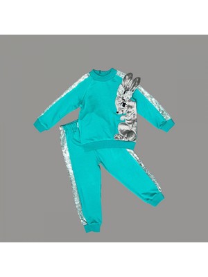 Diji Baby 1-2-3 Yaş Payetli Pelüş Tavşan Desenli Likra Penye Kumaş Sweat Pantolonlu Kız 2li Çocuk Takımı