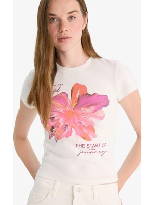 DeFacto Fitted Bisiklet Yaka Baskılı Ribana Kısa Kollu Tişört F9238AX25HS