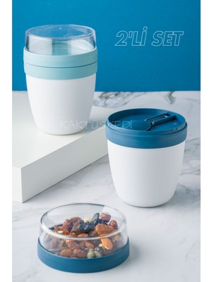 2'li Set Taşınabilir Kaşıklı Yoğurt Kabı - 700 ml Pratik Yemek Saklama ve Müsli Kabı  7176461