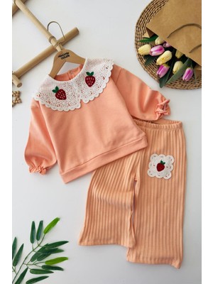 Miniğimin Cicileri Yaka Dantel Çilek Detaylı Kız çocuk takım - Somon