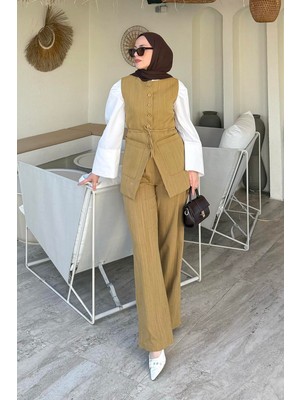 Keten Çift Cepli Yelek Takım Hardal Sarısı