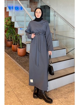 Etek Ucu Armalı Kuşaklı Elbise Füme