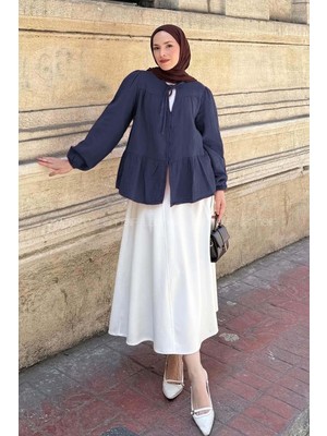 V Yaka Kolları Lastikli Müslim Tesettür Gömlek Lacivert