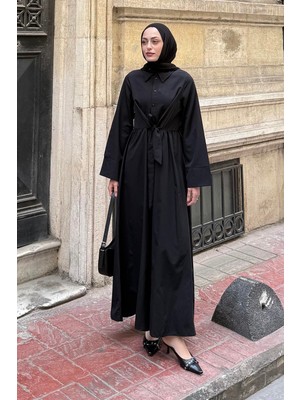 Ön Bağlama Detaylı Tesettür Elbise Siyah