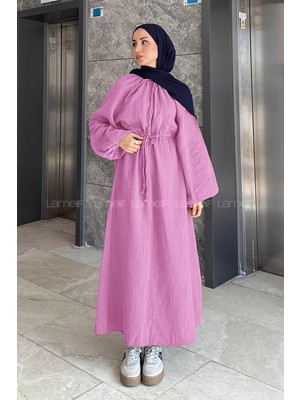 Balon Kol Bağlamalı Tesettür Elbise Pembe