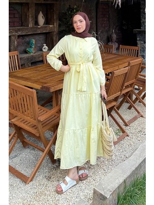 Yarım Düğme Detaylı Terikoton Elbise Sarı