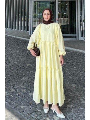 Balon Kol Katlı Yazlık Elbise Sarı