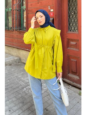Bel Bağlamalı Omuz Vatkalı Gömlek Yağ Yeşili
