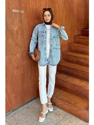 Çift Cep Detaylı Kot Gömlek Buz Mavisi