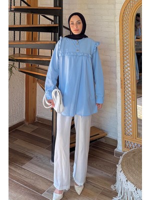 Hakim Yaka Önü Pileli Tunik Mavi