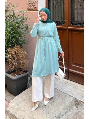 Bağlama Detaylı Uzun Tesettür Tunik Mint Yeşili
