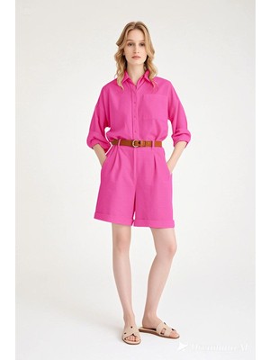 1Tarz Yazlık Keten Uzun Kol Gömlek Şort İkili Fuşya Takım