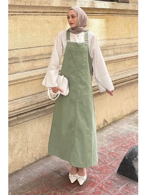 Ön Cep Detaylı Etekli Salopet Çağla Yeşili