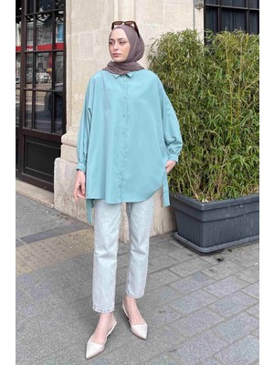 Lamelif Mint Yeşili Oversize Kol Detaylı Gömlek Dokuma Düz Uzun Kol Kadın