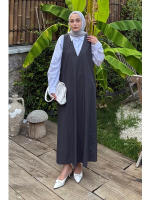 Lamelif Antrasit V Yaka Tesettür Jile Pamuk-Polyester Uzun Kol Kloş Düz Yazlık Kadın