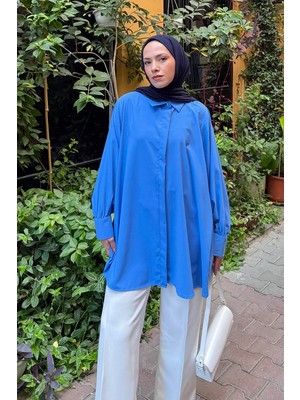 Gizli Düğme Detaylı Tesettür Tunik Indigo