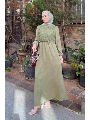 Dantel Örgü Detaylı Elbise Haki