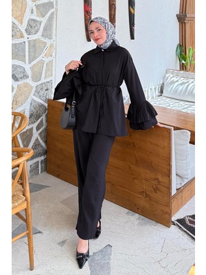 Lamelif Siyah Piliseli Uzun Gömlek Pamuk Polyester Düz Desenli Oversize Kadın