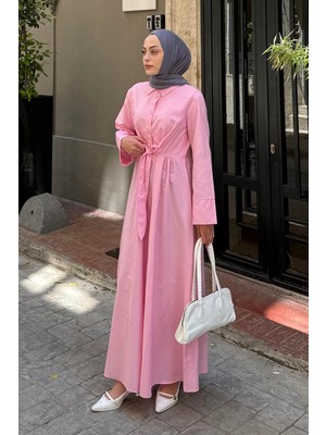Ön Bağlama Detaylı Tesettür Elbise Pembe