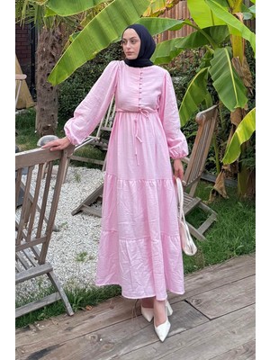Bel Büzgülü Tesettür Elbise Pembe