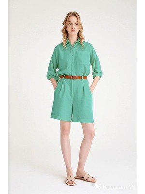 1Tarz Uzun Kol Keten Gömlek Şort İkili Su Yeşili Takım