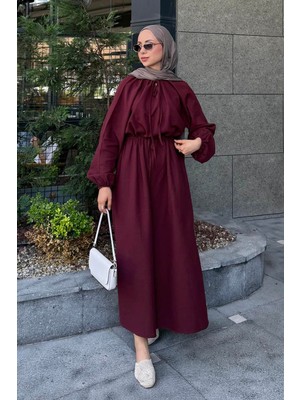 Lamelif Balon Kol Bağlamalı Tesettür Elbise Mürdüm Pamuk - Polyester Düz Desenli Uzun Kol Kadın