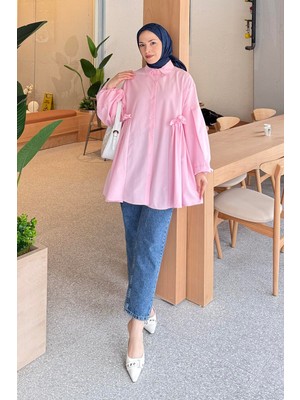 Lamelif Lopez Balon Kol Tunik Şeker Pembesi Pamuk-Polyester Gömlek Yaka Uzun Kol Rahat Kalıp