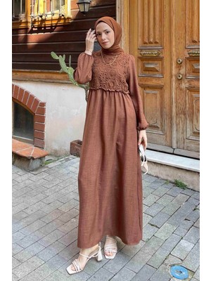 Dantel Örgü Detaylı Elbise Çikolata Kahve