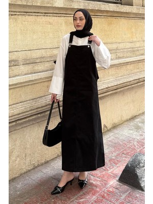 Ön Cep Detaylı Etekli Salopet Siyah
