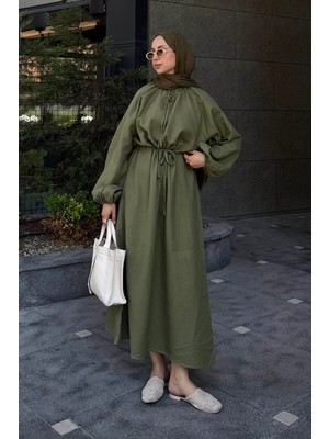 Balon Kol Bağlamalı Tesettür Elbise Haki