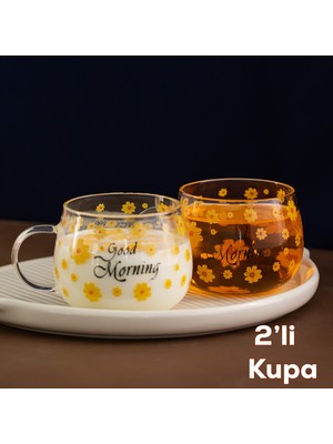 2089 2li Borosilikat Isıya Ateşe Dayanıklı Cam Kulplu Çay Bardağı Kahve Bardak Kupa Sarı 400 ml