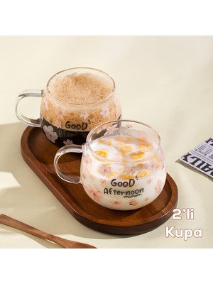 2089-1 2li Borosilikat Isıya Ateşe Dayanıklı Cam Kulplu Çay Bardağı Kahve Bardak Kupa Pembe 400 ml