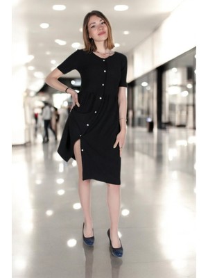 Yazlık V Yaka Kısa Kol Büzgü Detaylı Keten Elbise