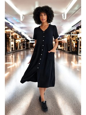 Beli Büzgülü V Yaka Keten Elbise