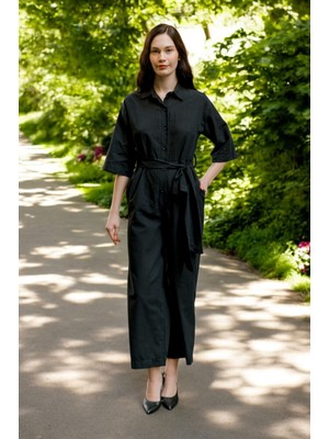 Yazlık Gömlek Yaka Keten Tulum