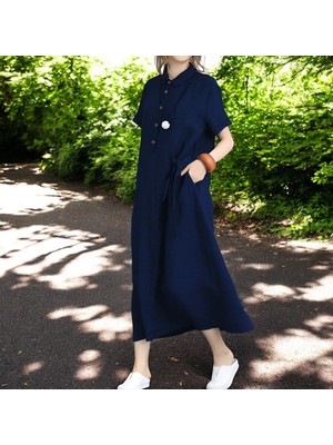 Yazlık Tam Boy Rahat Gömlek Yaka Keten Elbise