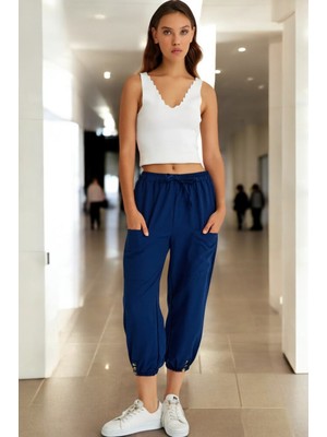 Günlük Düğme Detaylı Kadın Keten Pantolon